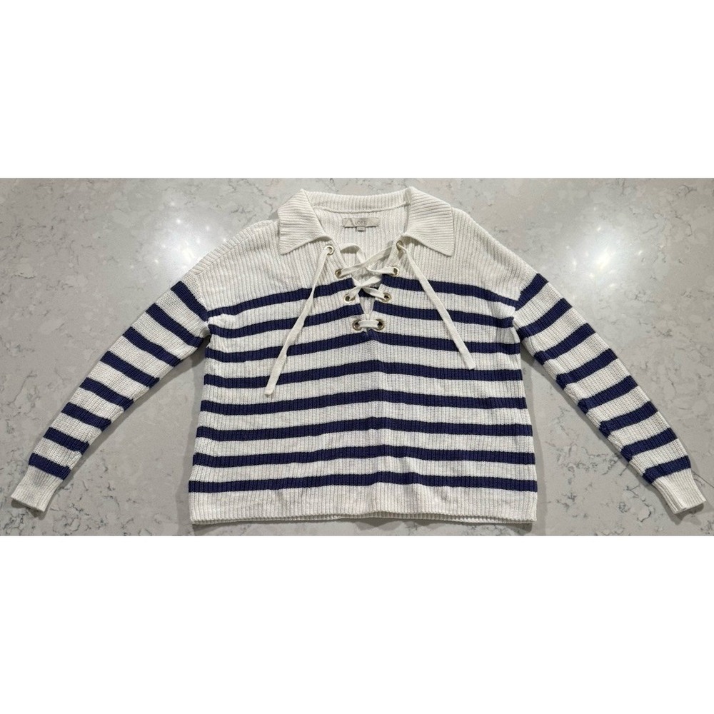 LOFT Lace Up Collar Sweater Womens Small White Blue Striped Nautical Coastal